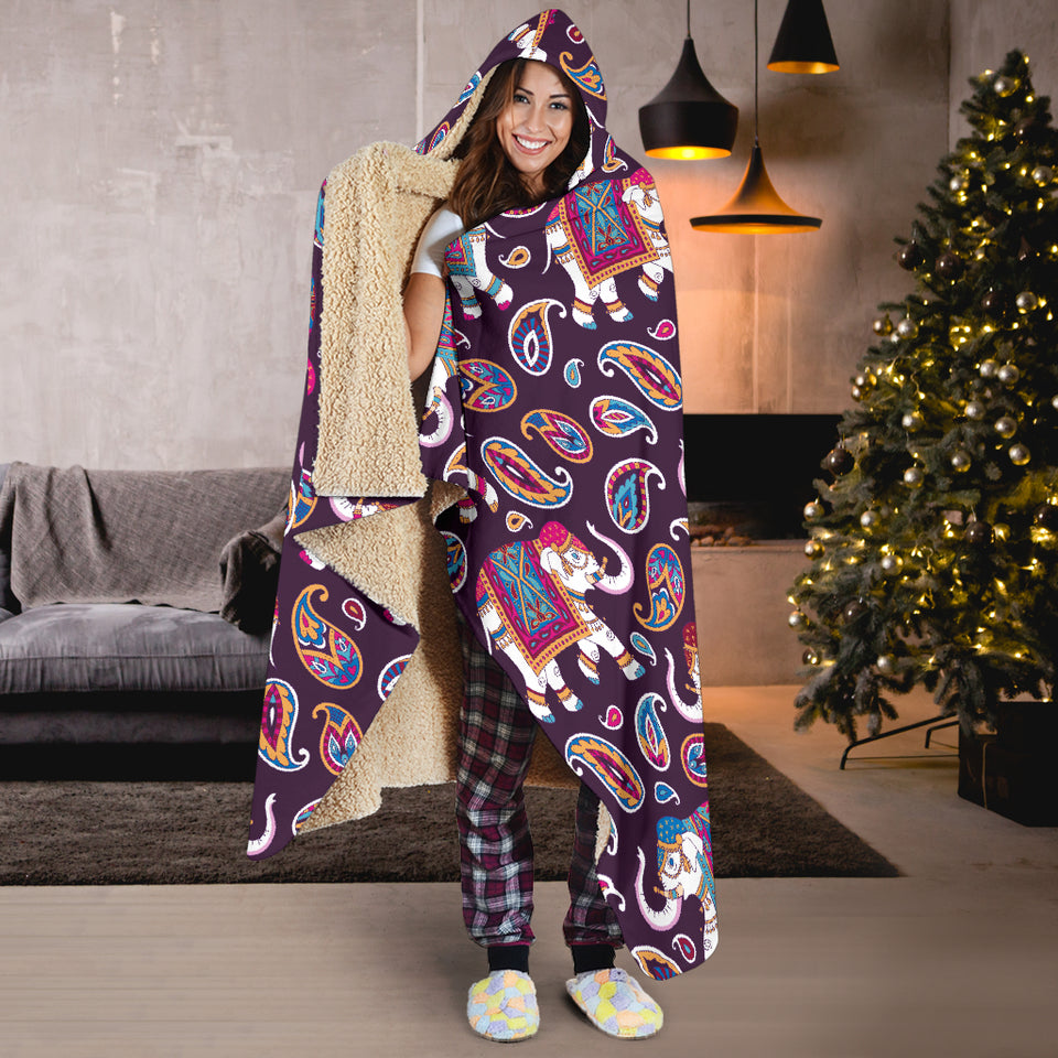 Elephant Indian Style Ornament Pattern Hooded Blanket