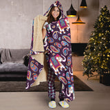 Elephant Indian Style Ornament Pattern Hooded Blanket
