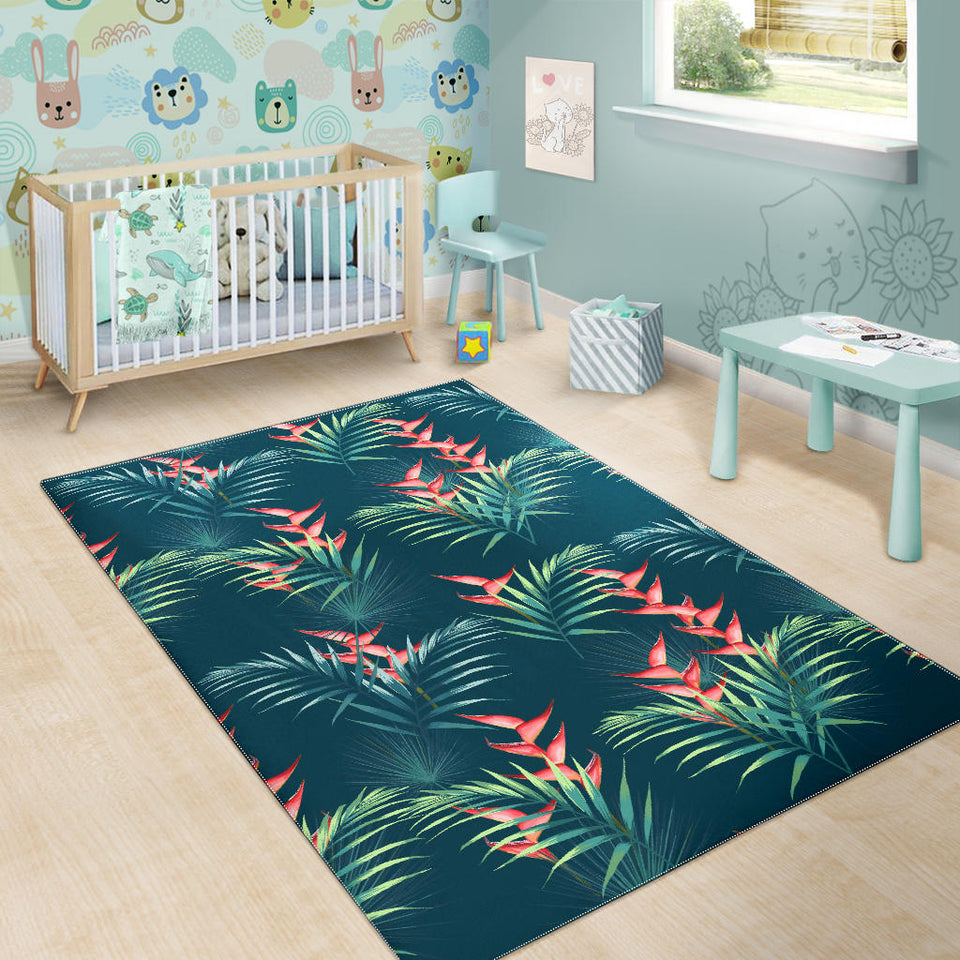 Heliconia Flowers, Palm And Monstera Leaves On Black Background Pattern Area Rug