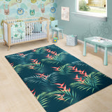Heliconia Flowers, Palm And Monstera Leaves On Black Background Pattern Area Rug