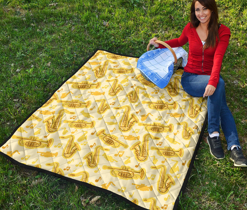 Saxophone Cornet Pattern Yellow Background Premium Quilt