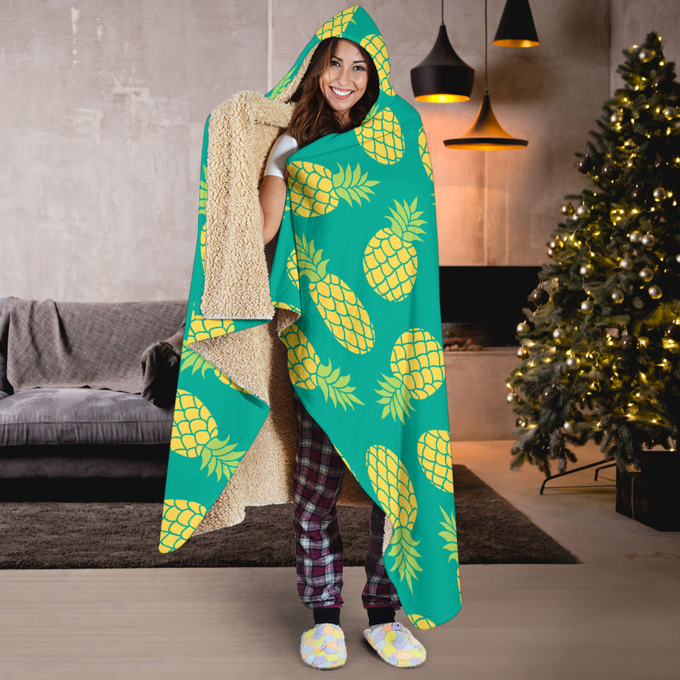 Pineapples Pattern Green Background Hooded Blanket