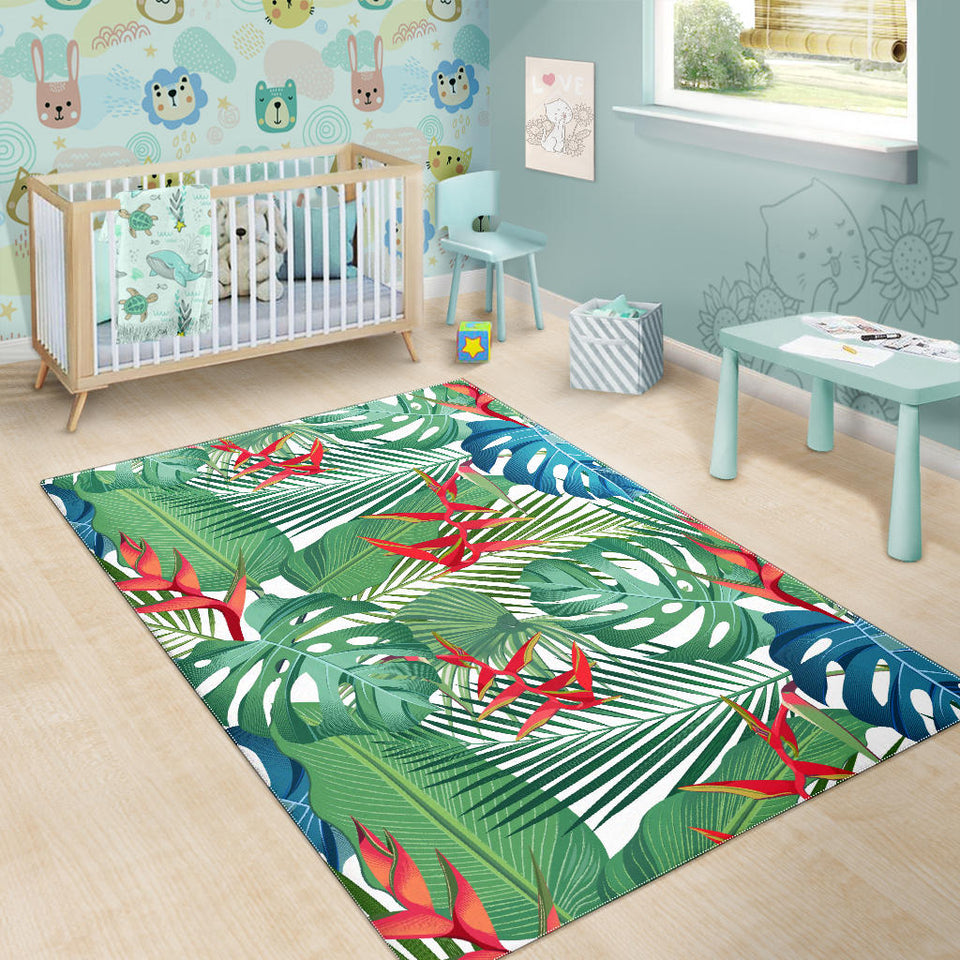 Heliconia Palm And Monstera  Leaves Pattern Area Rug