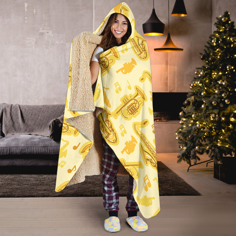 Saxophone Cornet Pattern Yellow Background Hooded Blanket