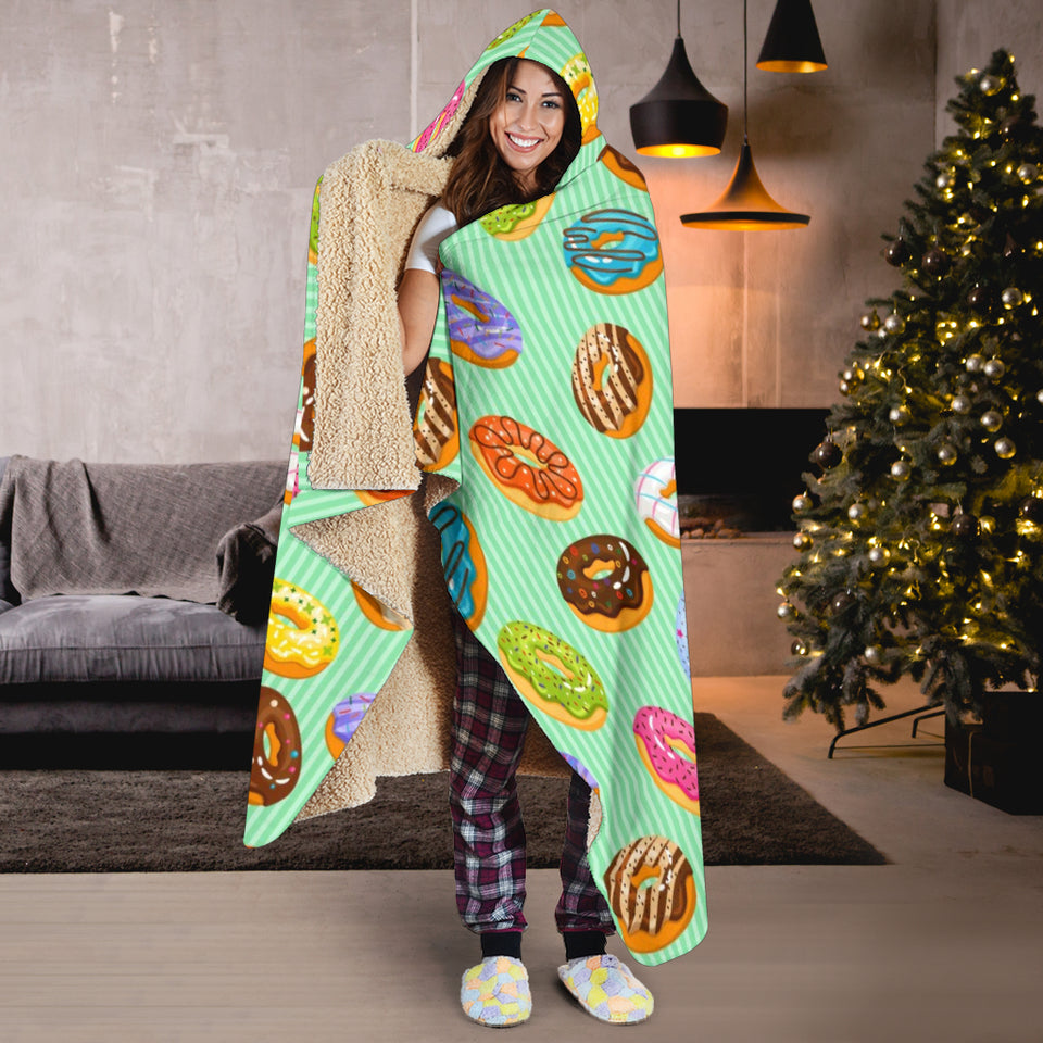 Colorful Donut Pattern Green Background Hooded Blanket