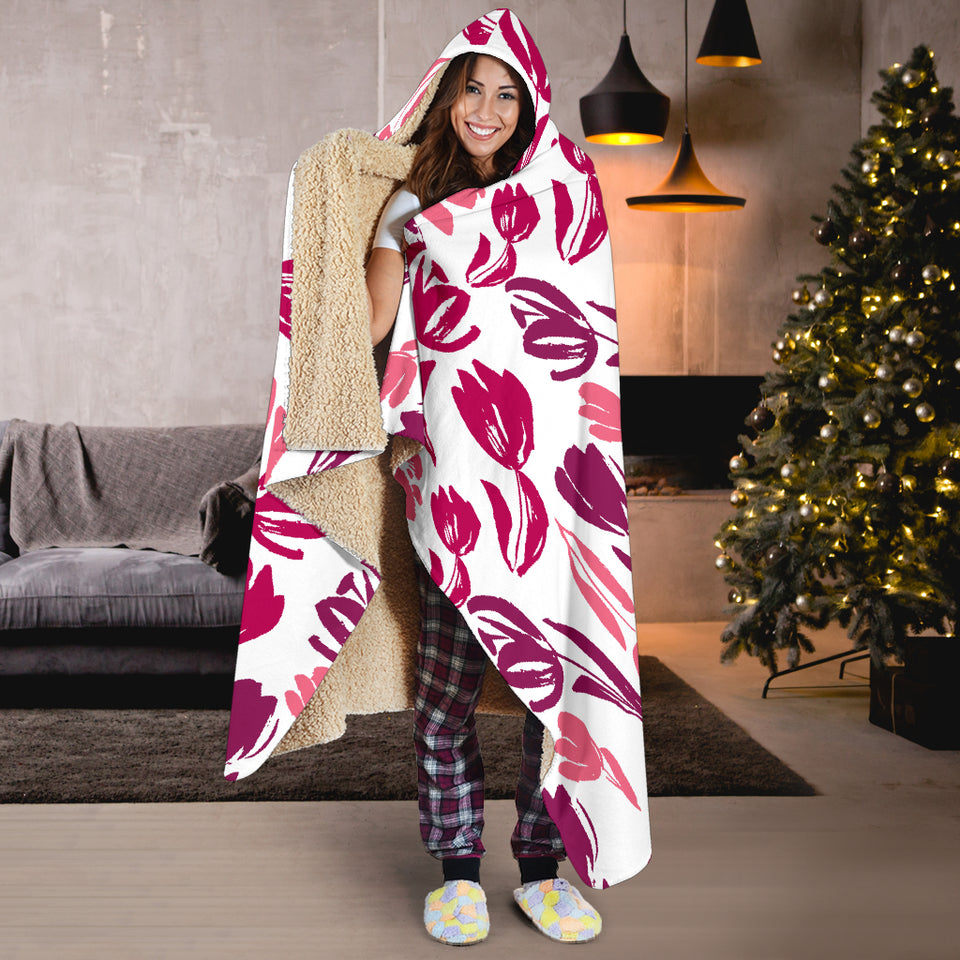 Pink Sketch Tulip Pattern Hooded Blanket