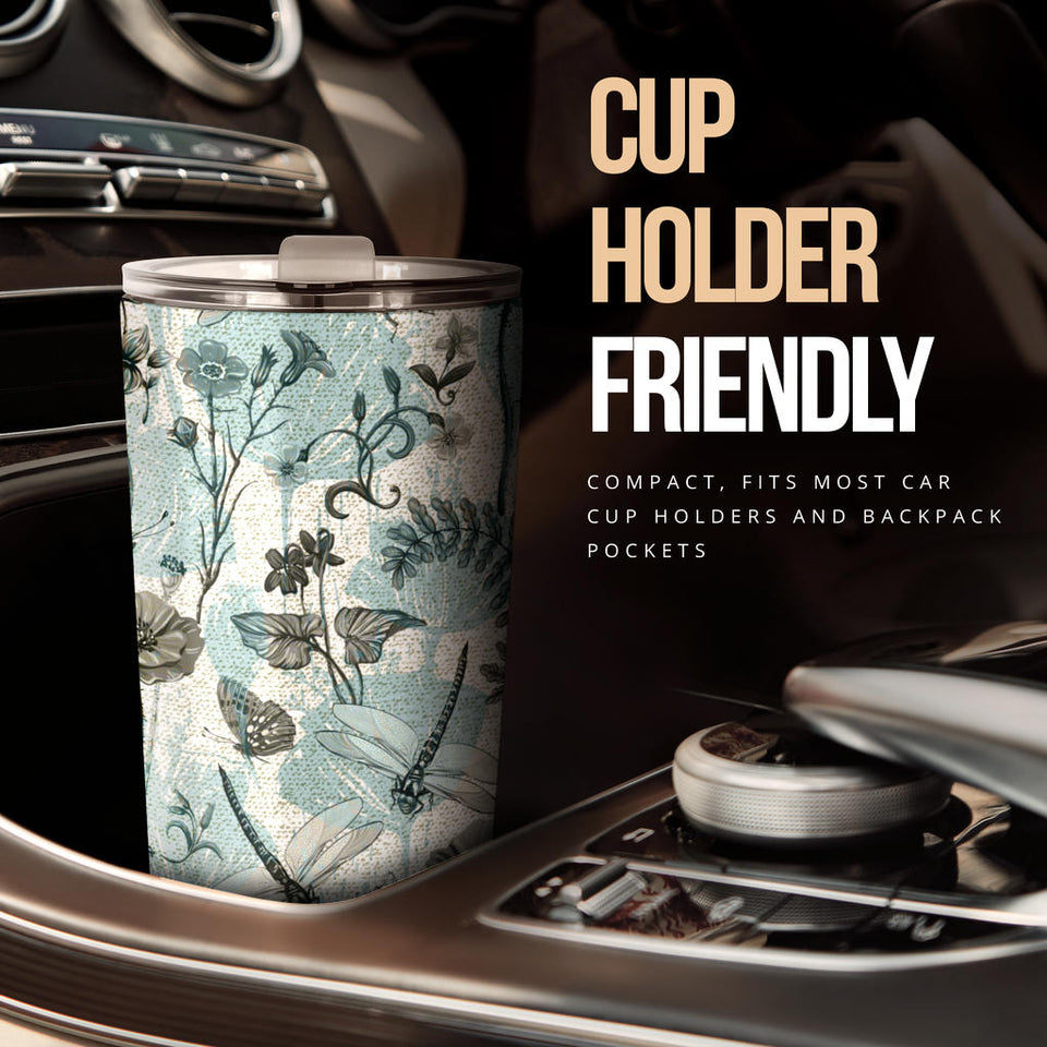 Dragonfly Butterfly Plants Insect Flower Vintage Style Pattern Tumbler