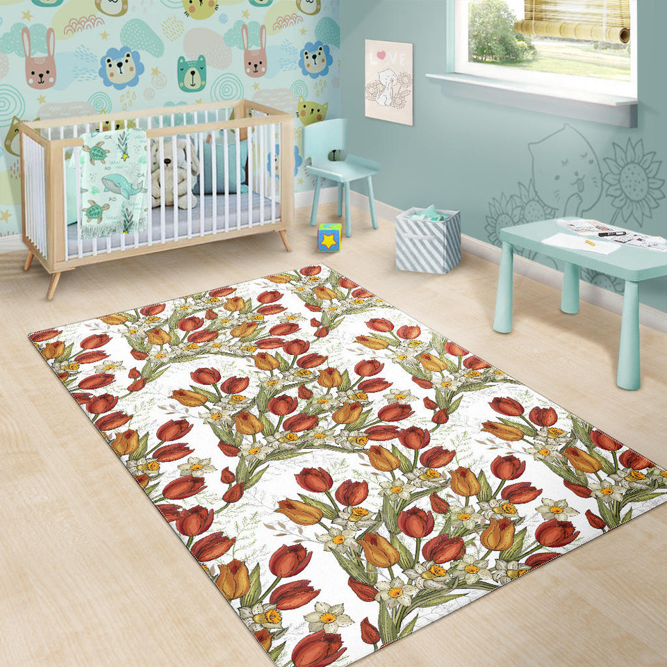 Red Tulips And Daffodils Pattern Area Rug
