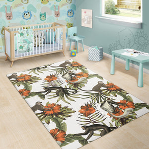 Monkey Red Hibiscus Flower Palm Leaves Floral Pattern Area Rug