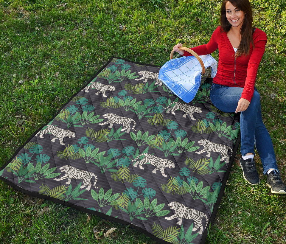 White Bengal Tigers Tropical Plant Premium Quilt