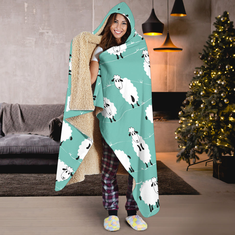 Cute Sheep Green Background Hooded Blanket