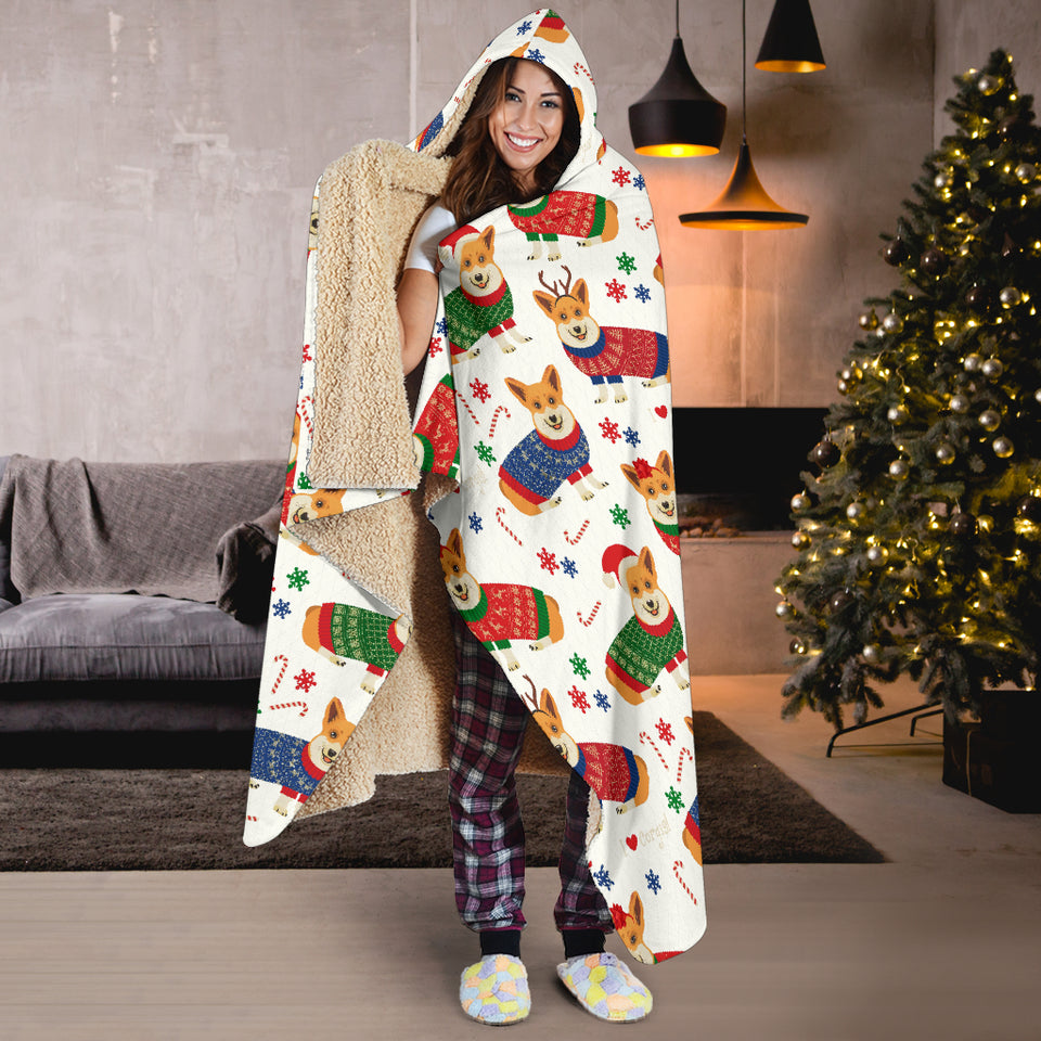 Corgi Christmas Pattern Hooded Blanket