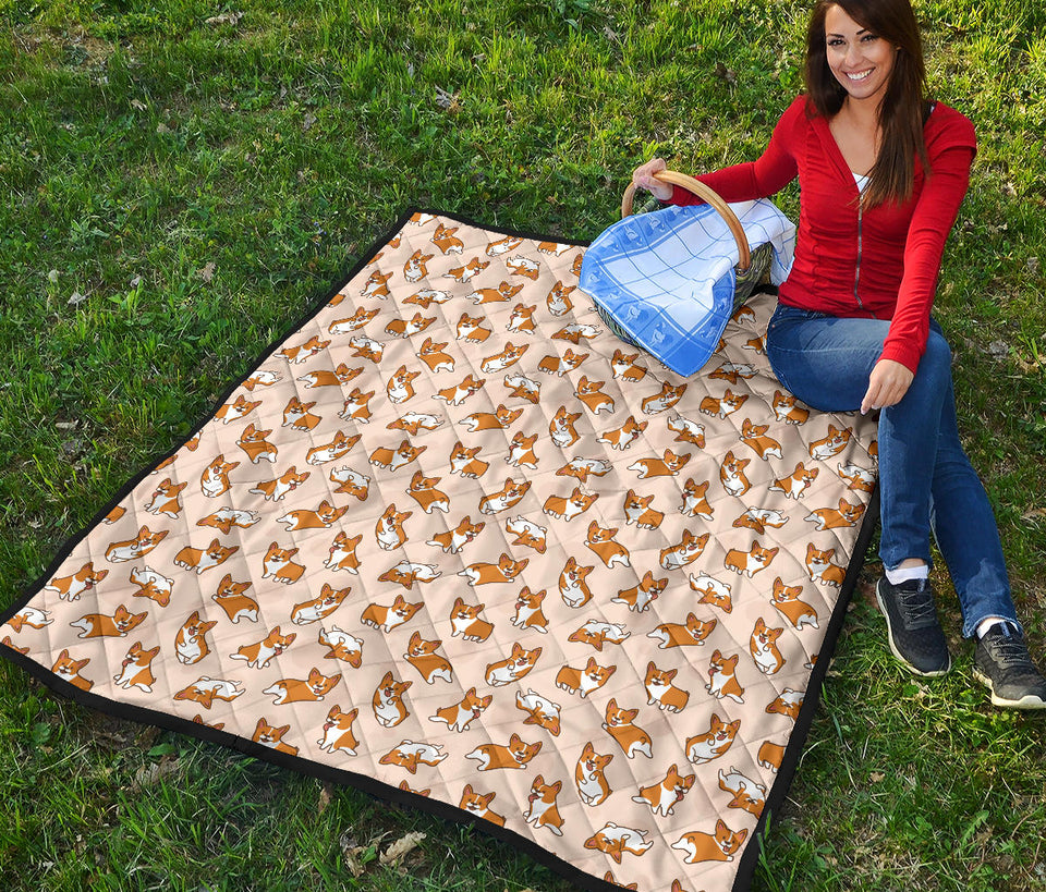 Cute Corgis Pattern Pink Background Premium Quilt