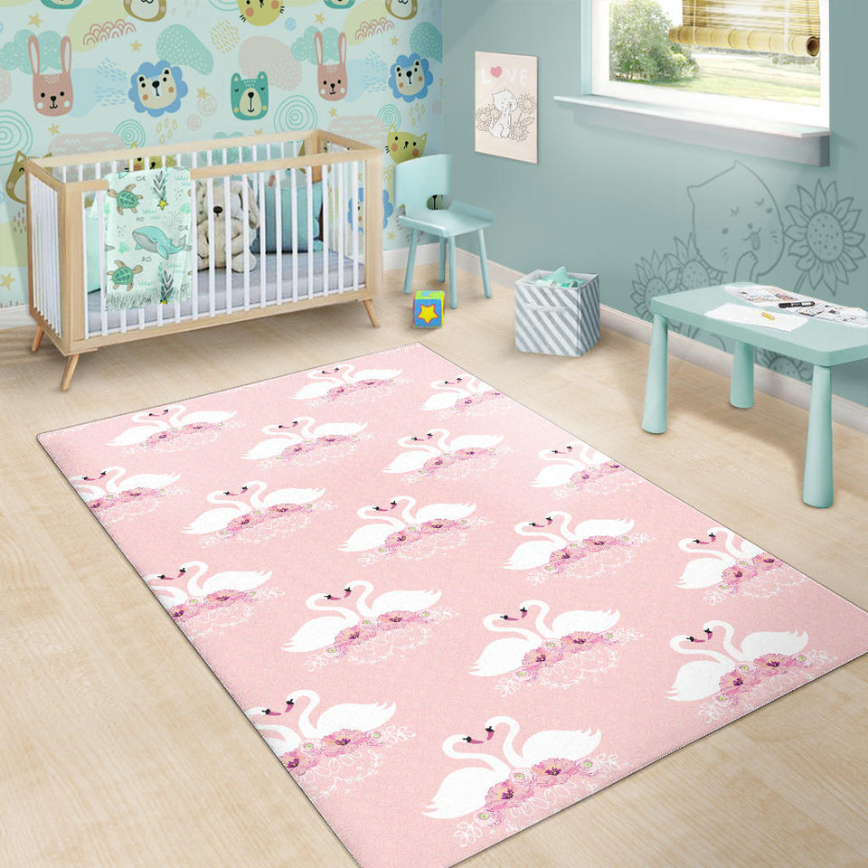 White Swan And Flower Love Pattern Area Rug