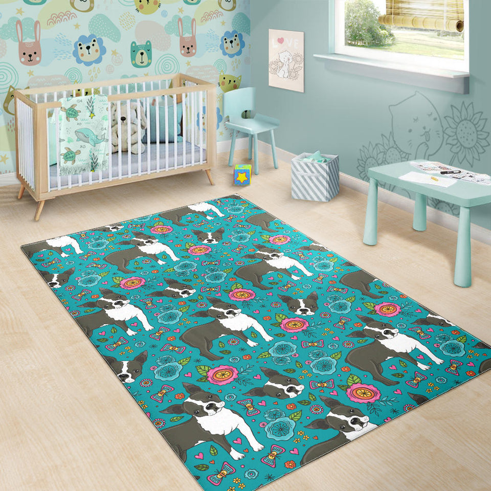 Boston Terrier Beautiful Flower Pattern Area Rug