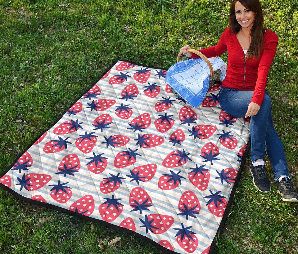 Strawberry Pattern Blue Lines Background Premium Quilt