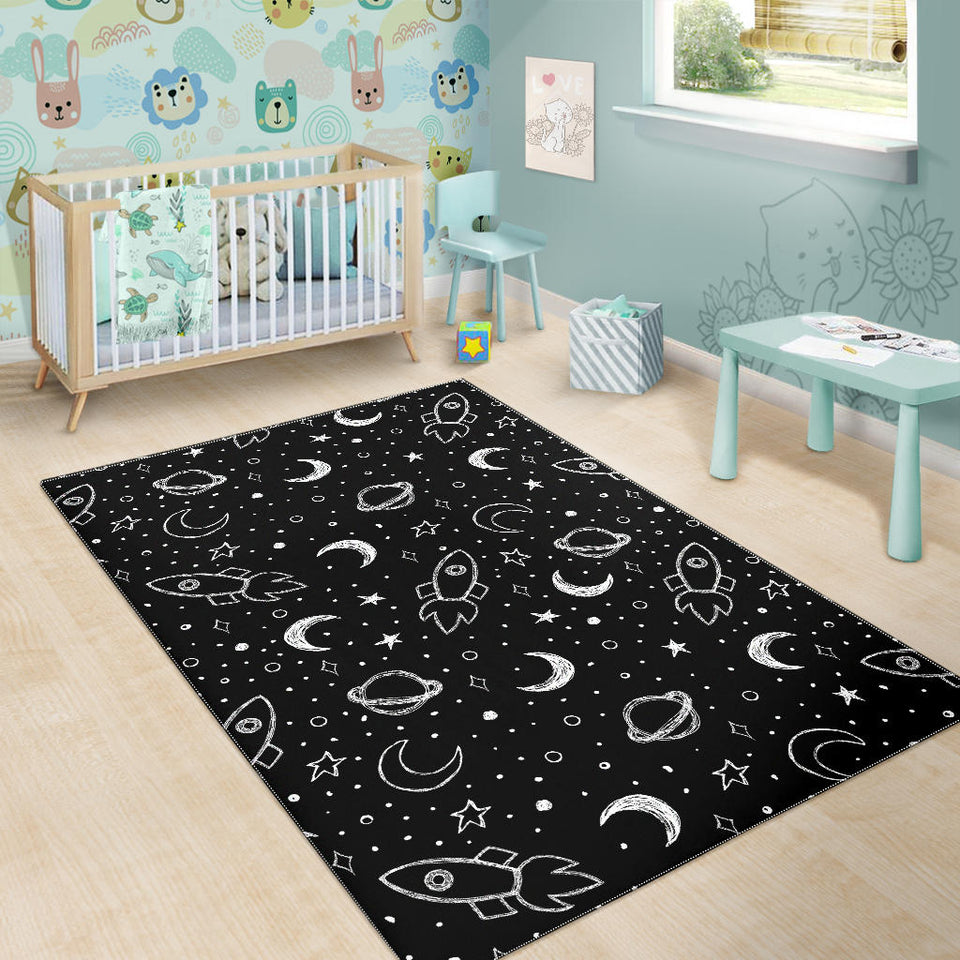 Hand Drawn Space Rocket Star Planet Area Rug