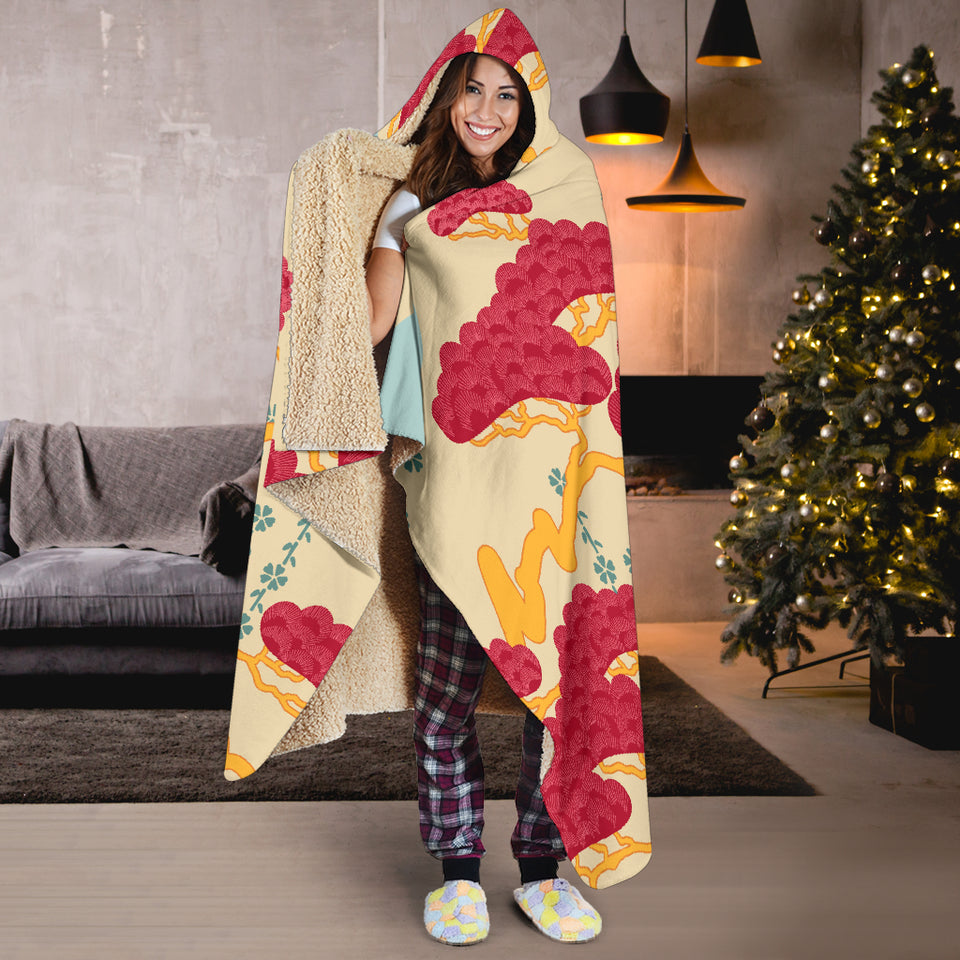 Red Bonsai Gray Sun Japanese Pattern Hooded Blanket