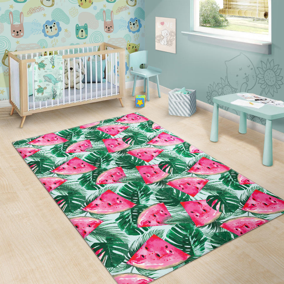 Watermelons Tropical Palm Leaves Pattern Area Rug