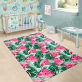 Watermelons Tropical Palm Leaves Pattern Area Rug