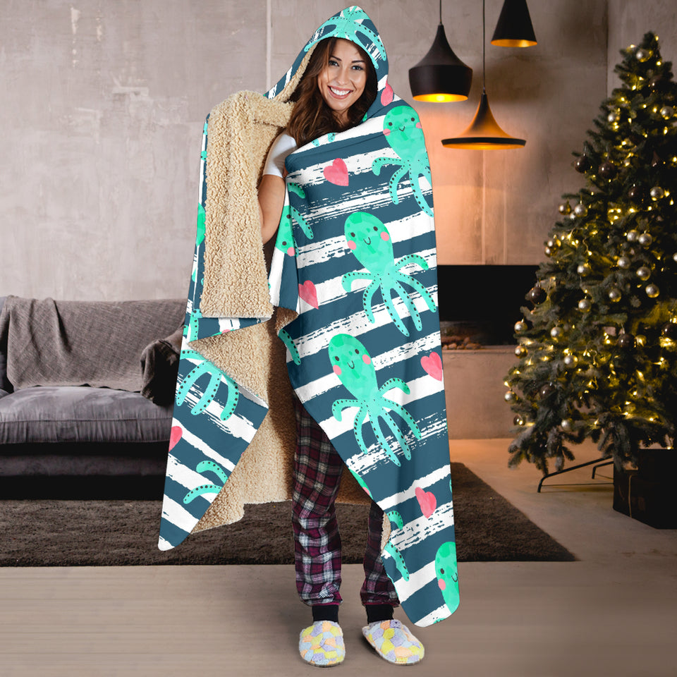 Cute Octopuses Heart Striped Background Hooded Blanket