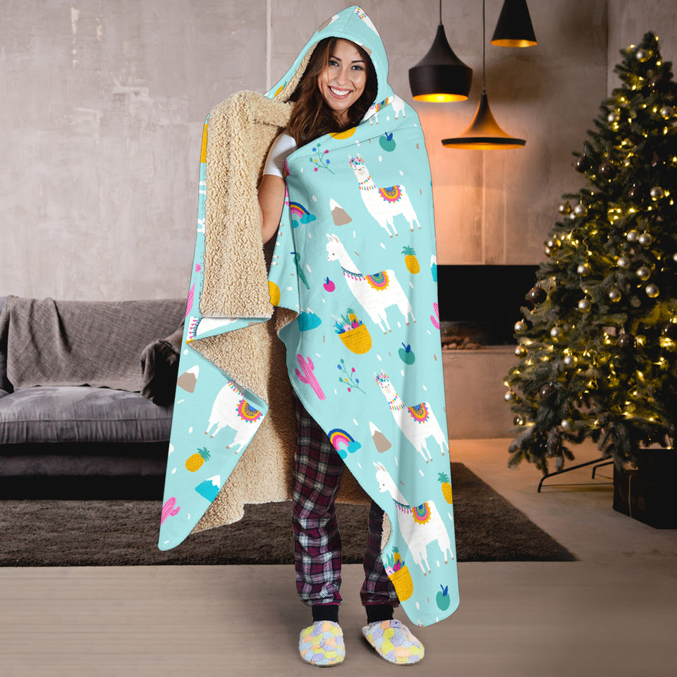 Llama Alpaca Cactus Leaves Pattern Hooded Blanket