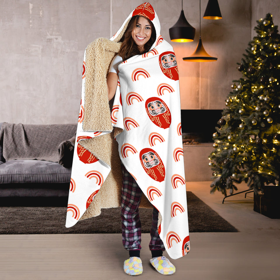 Daruma Japanese Wooden Doll Design Pattern Hooded Blanket