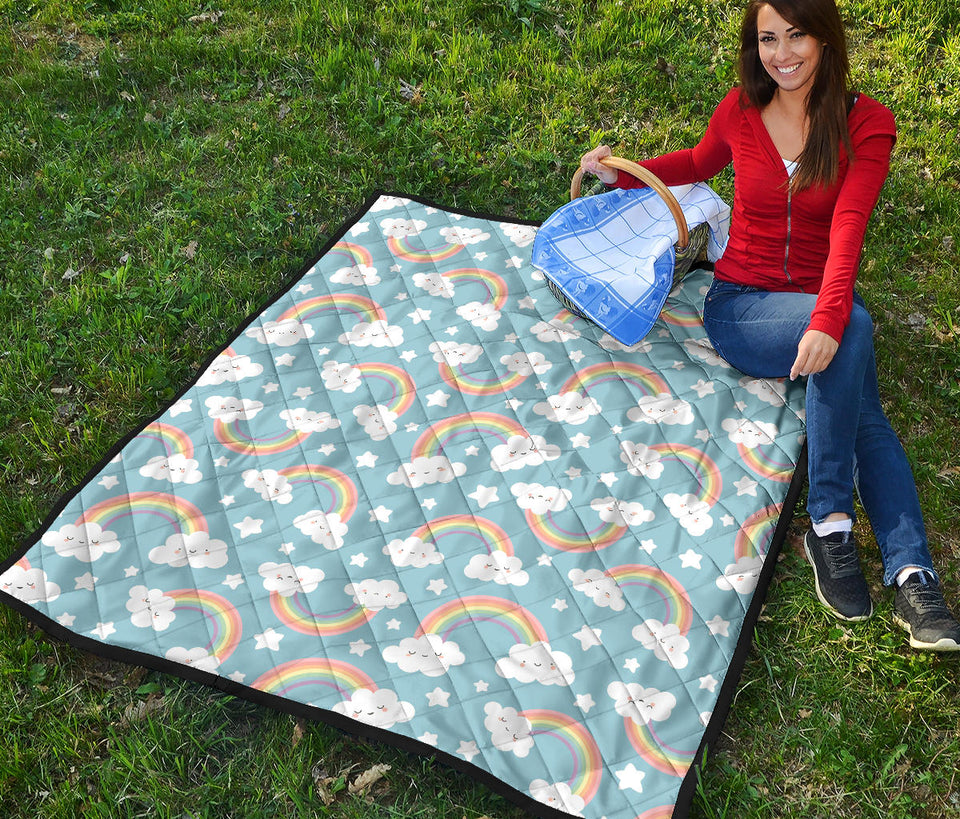 Cute Rainbow Clound Star Pattern Blue Background Premium Quilt