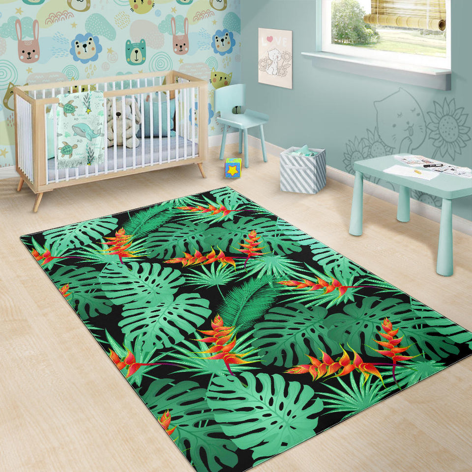 Heliconia Flower Palm Monstera Leaves Black Background Area Rug