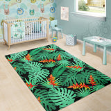 Heliconia Flower Palm Monstera Leaves Black Background Area Rug