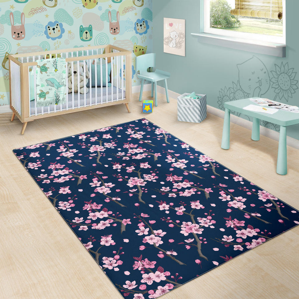 Pink Sakura Cherry Blossom Blue Background Area Rug
