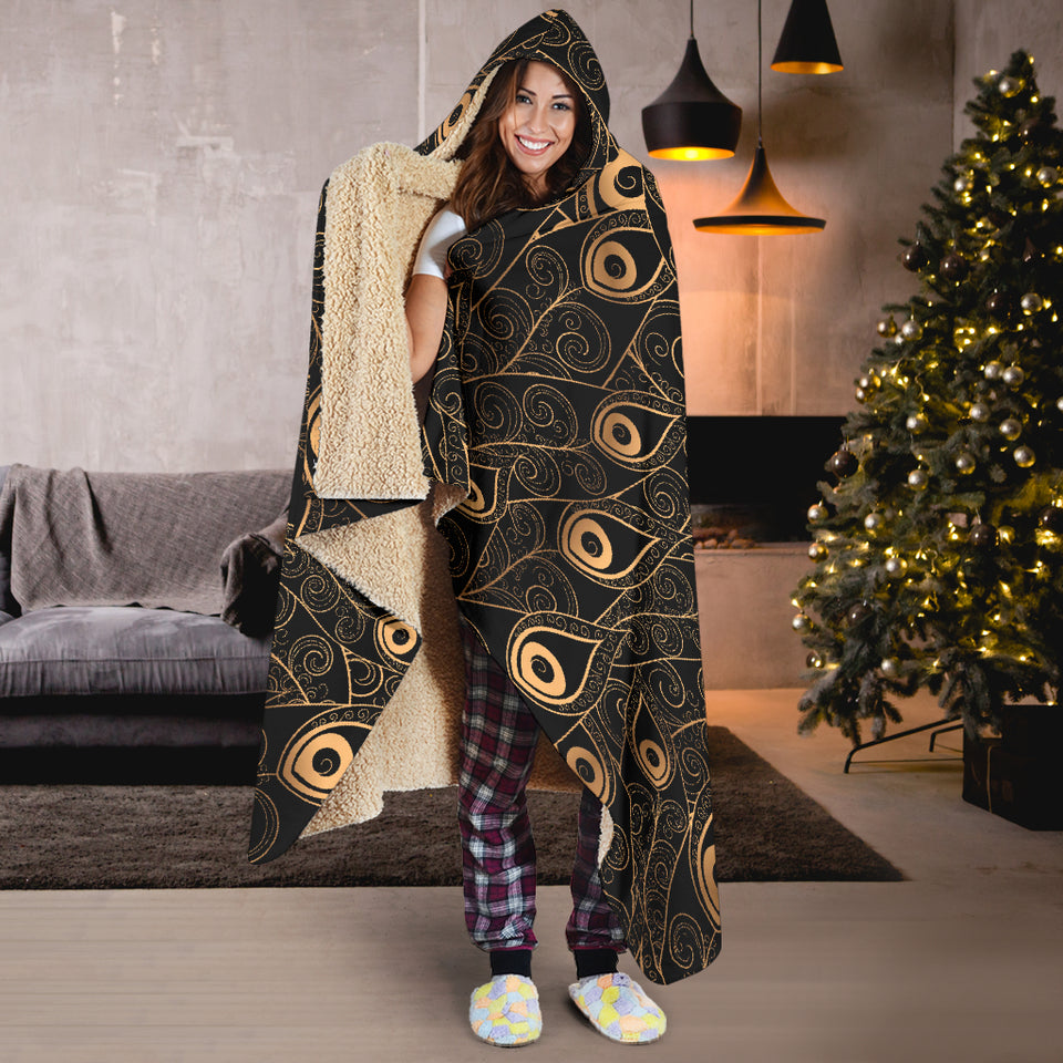 Gold Peacock Feather Pattern Hooded Blanket