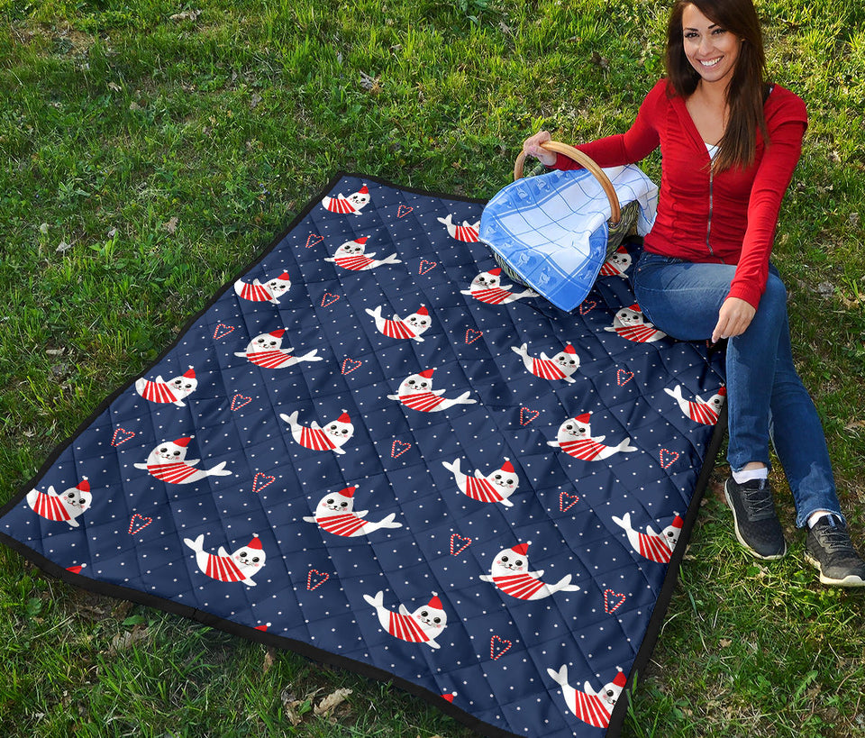 Cute Sea Lion Seal Christmas Hat Candy Cane Heart Pattern Premium Quilt