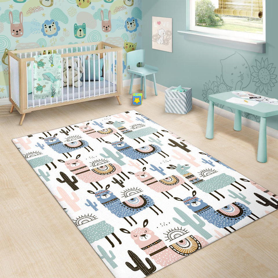 Lama Alpaca Cactus Hand Drawn Pattern Area Rug