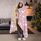 Coral White Heart Pattern Hooded Blanket
