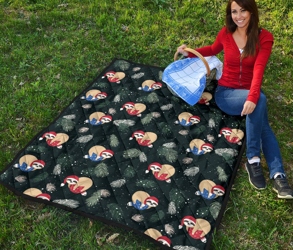 Cute Sloths Sleeping Christmas Ball Santa Hat Pattern Premium Quilt