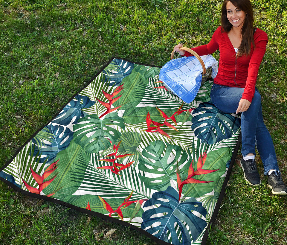 Heliconia Palm And Monstera  Leaves Pattern Premium Quilt