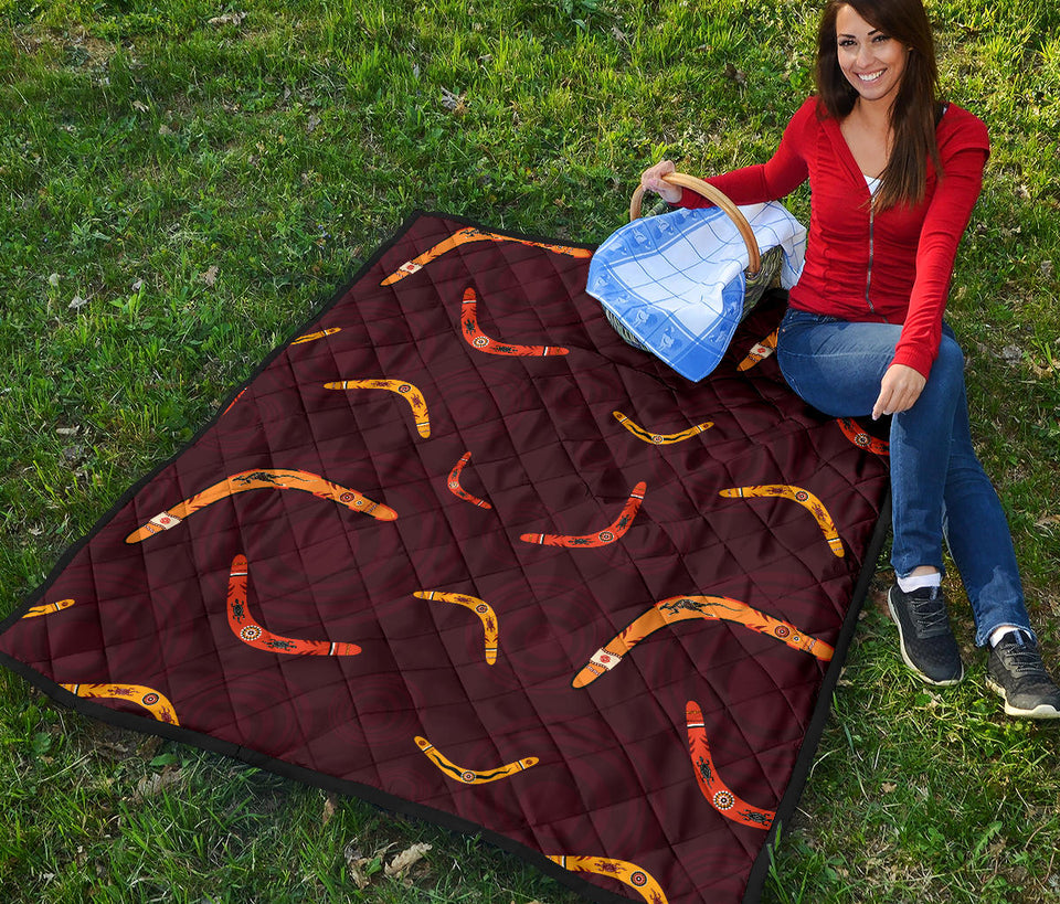 Boomerang Australian Aboriginal Ornament Circle Black Background Premium Quilt