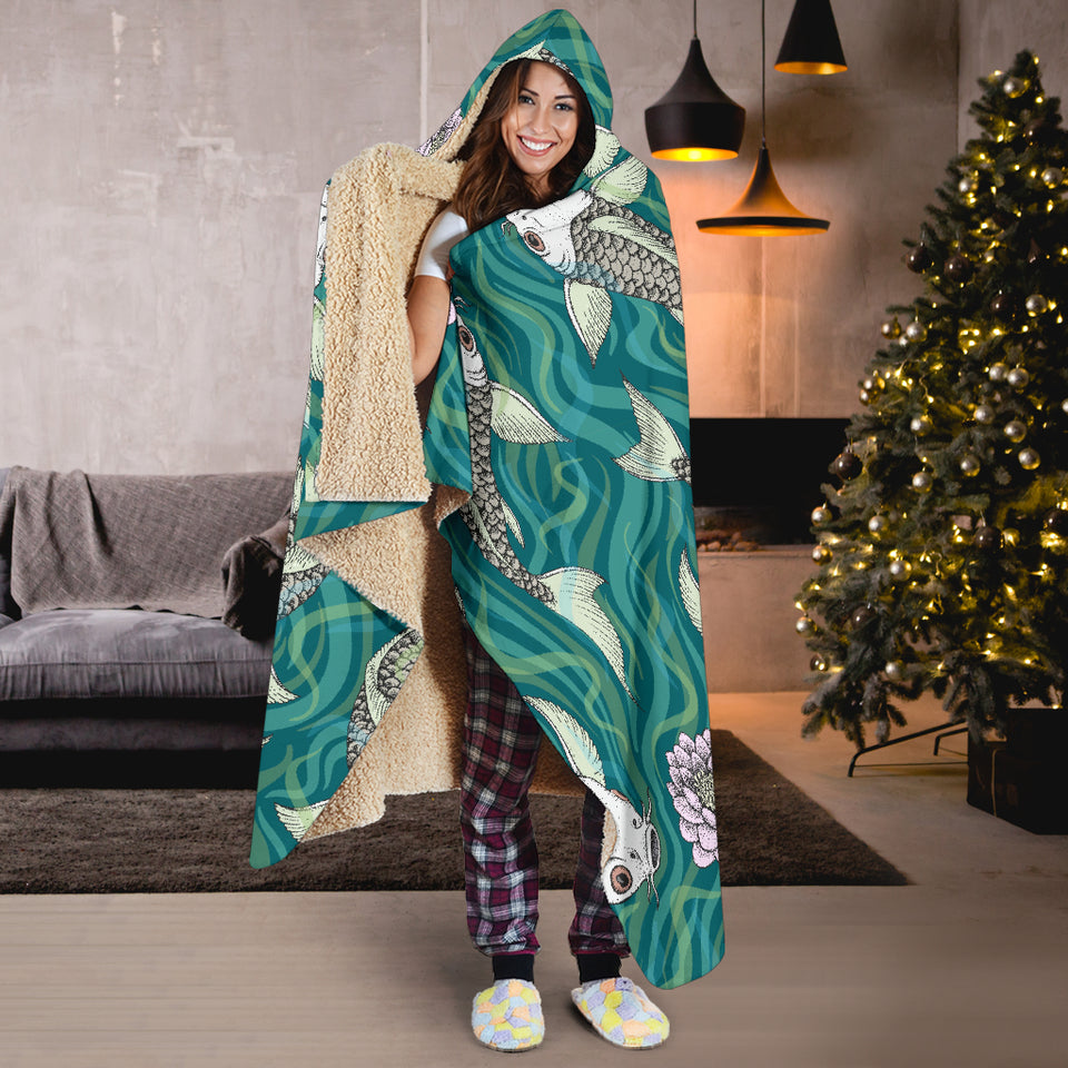 Koi Fish Carp Fish Lotus Pattern Hooded Blanket