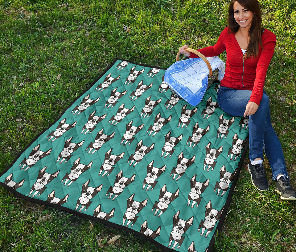 Hand Drawn Boston Terrier Dog Pattern Premium Quilt