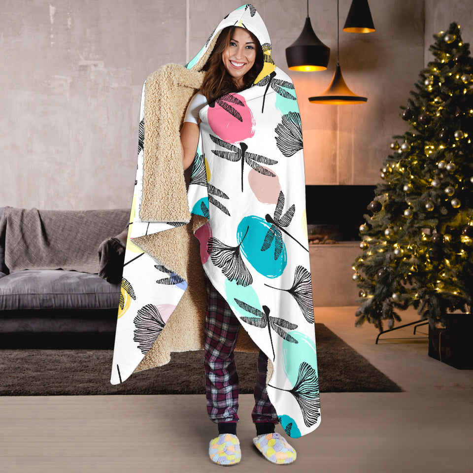 Dragonflies Ginkgo Leaves Pattern Hooded Blanket