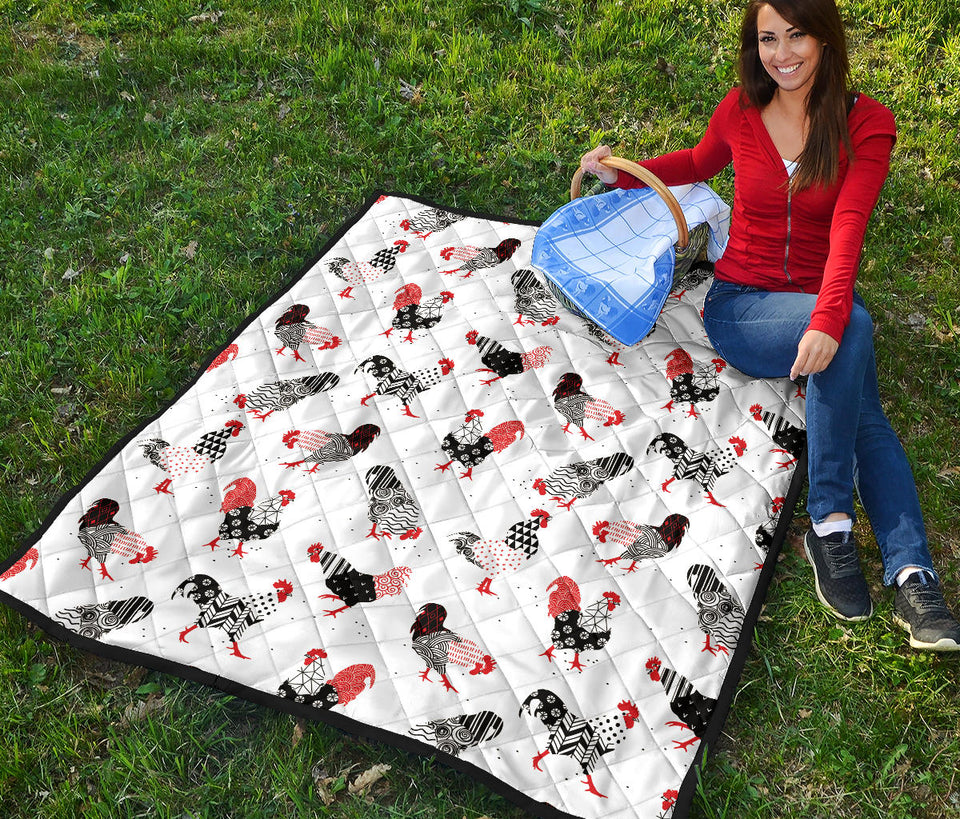 Cool Rooster Chicken Cock Floral Ornament Background Premium Quilt