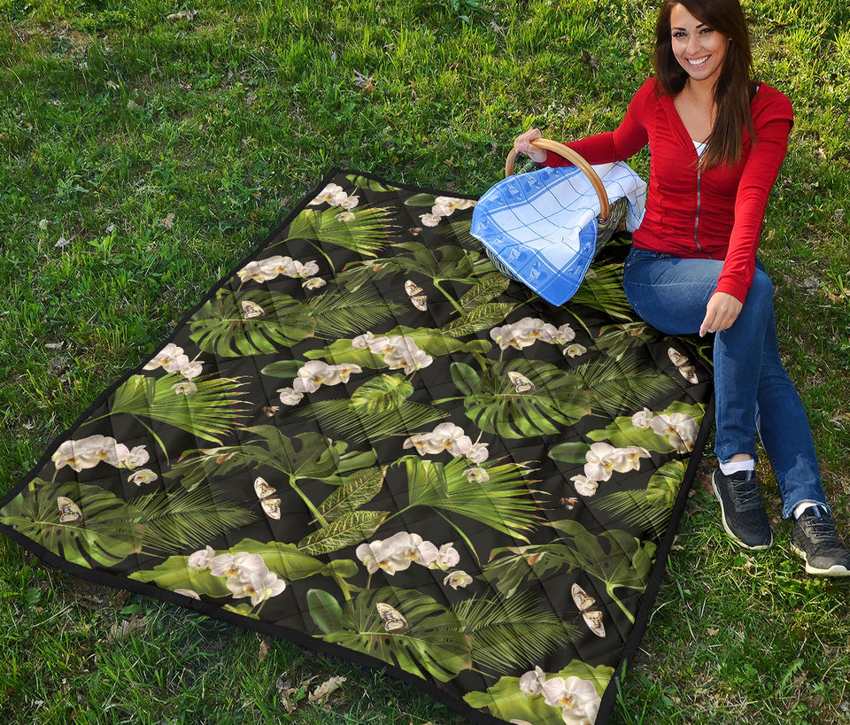 White Orchid Flower Tropical Leaves Pattern Blackground Premium Quilt