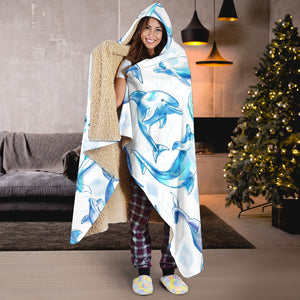 Watercolor Dolphin Pattern Hooded Blanket