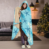 Blue Starfish Coral Reef Pattern Hooded Blanket