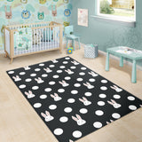 Cute White Rabbit Polka Dots Black Background Area Rug