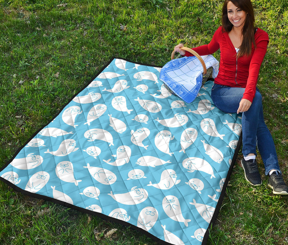 Cute White Sea Lion Seals Pattern Premium Quilt