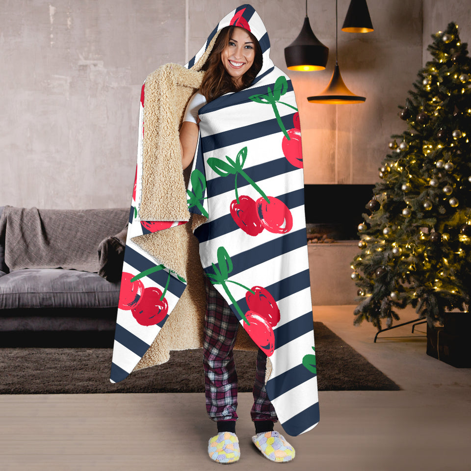 Hand Drawn Cherry Pattern Striped Background Hooded Blanket