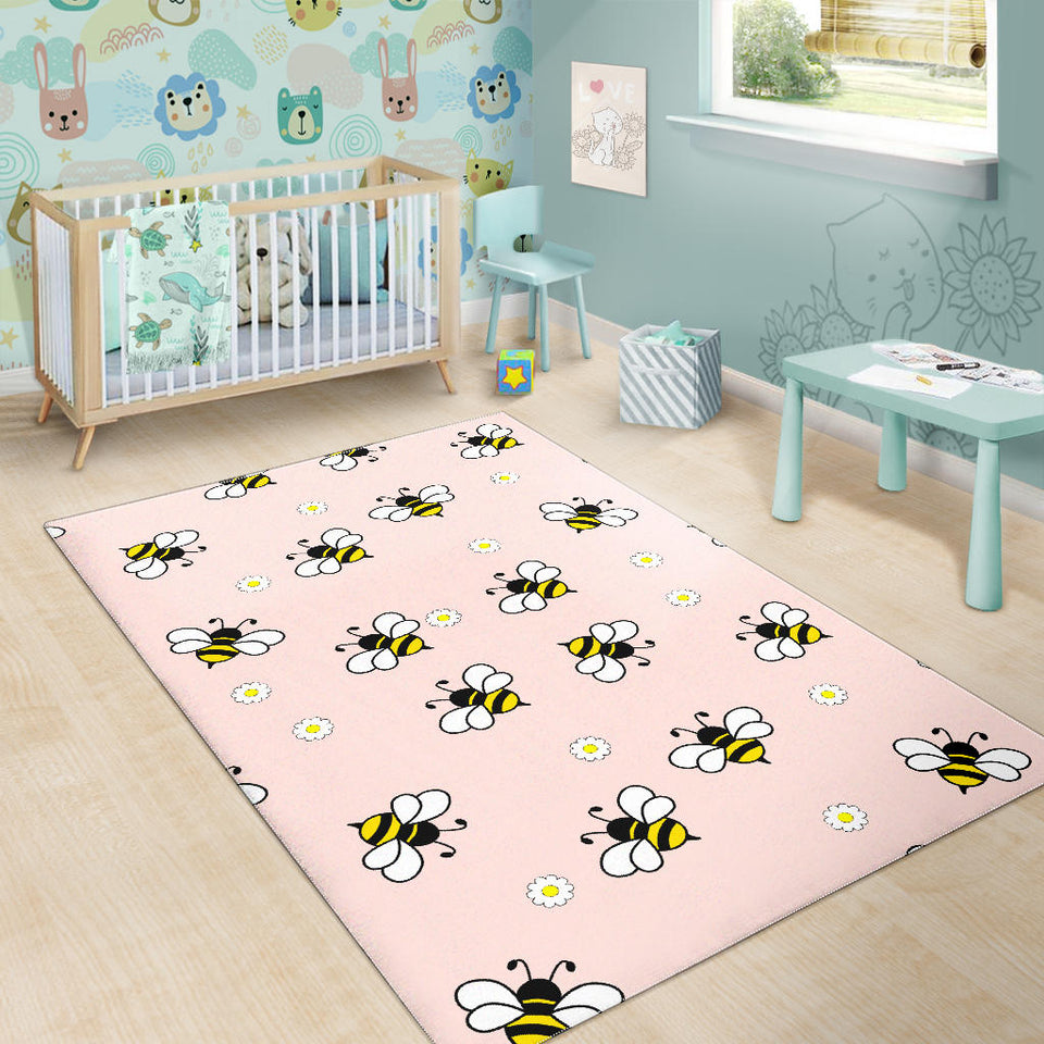 Cute Bee Flower Pattern Pink Background Area Rug