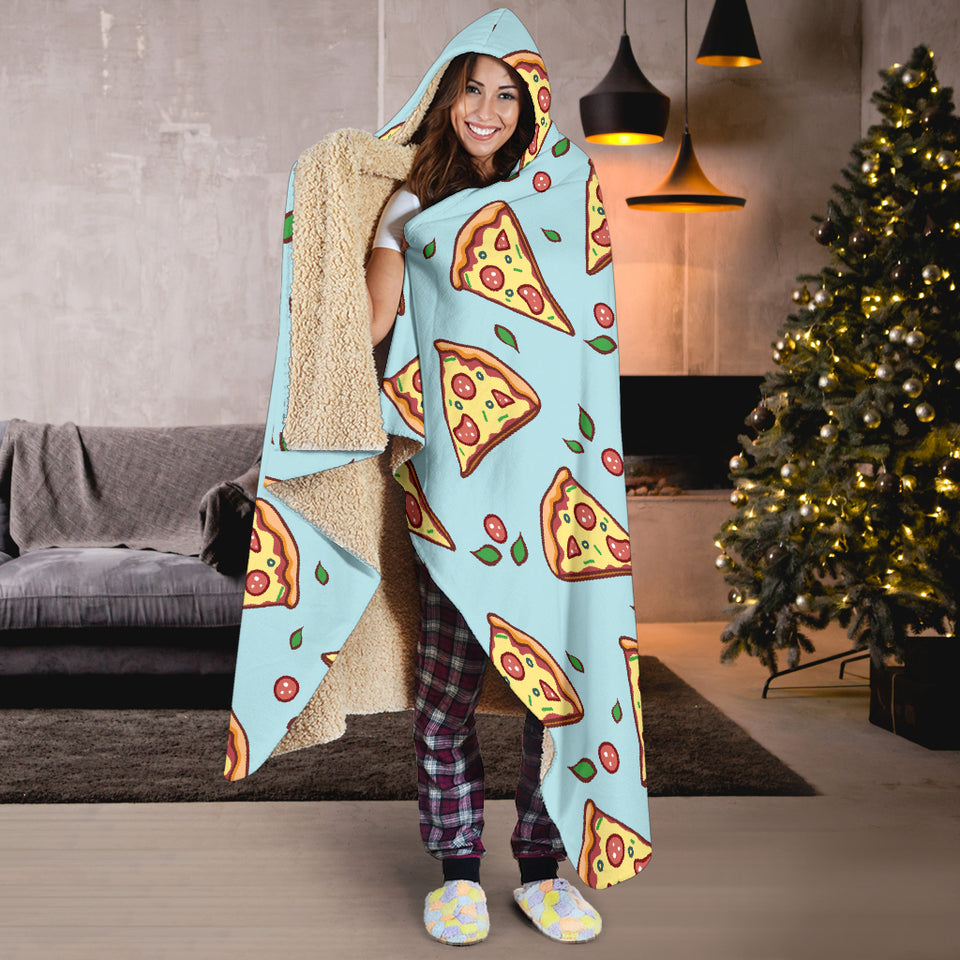 Hand Drawn Pizza Blue Background Hooded Blanket